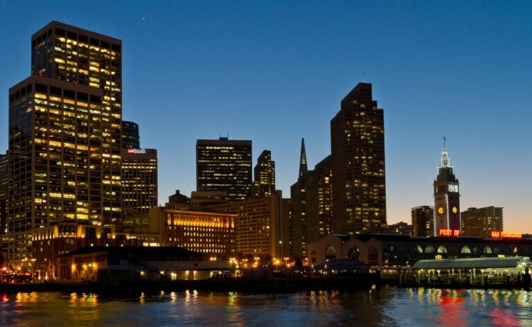 Beautiful twilight view of San Francisco skyline featuring the iconic Ferry Building.
